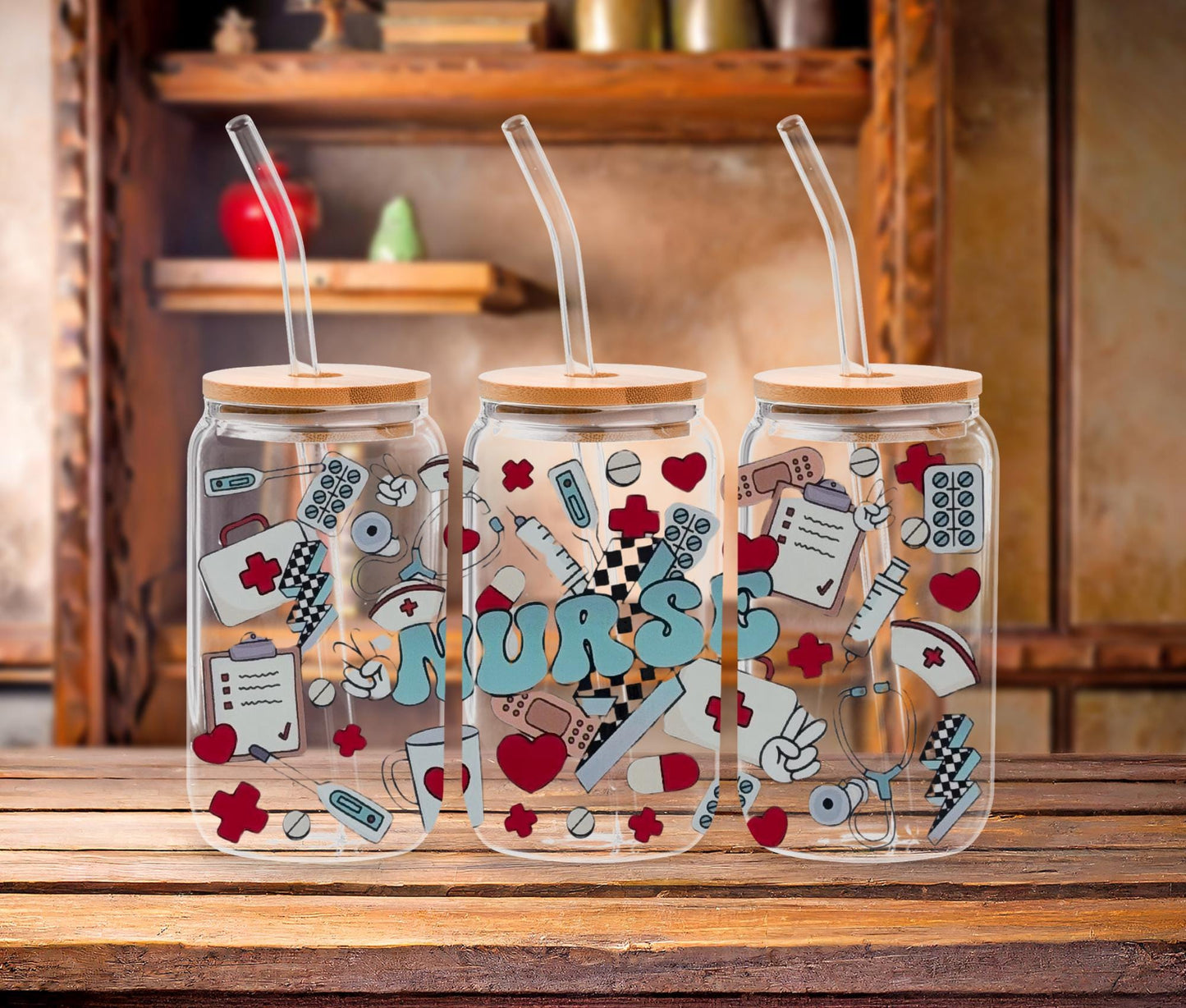 Nurse Fuel Glass Tumbler: Medical Theme, Bamboo Lid & Straw