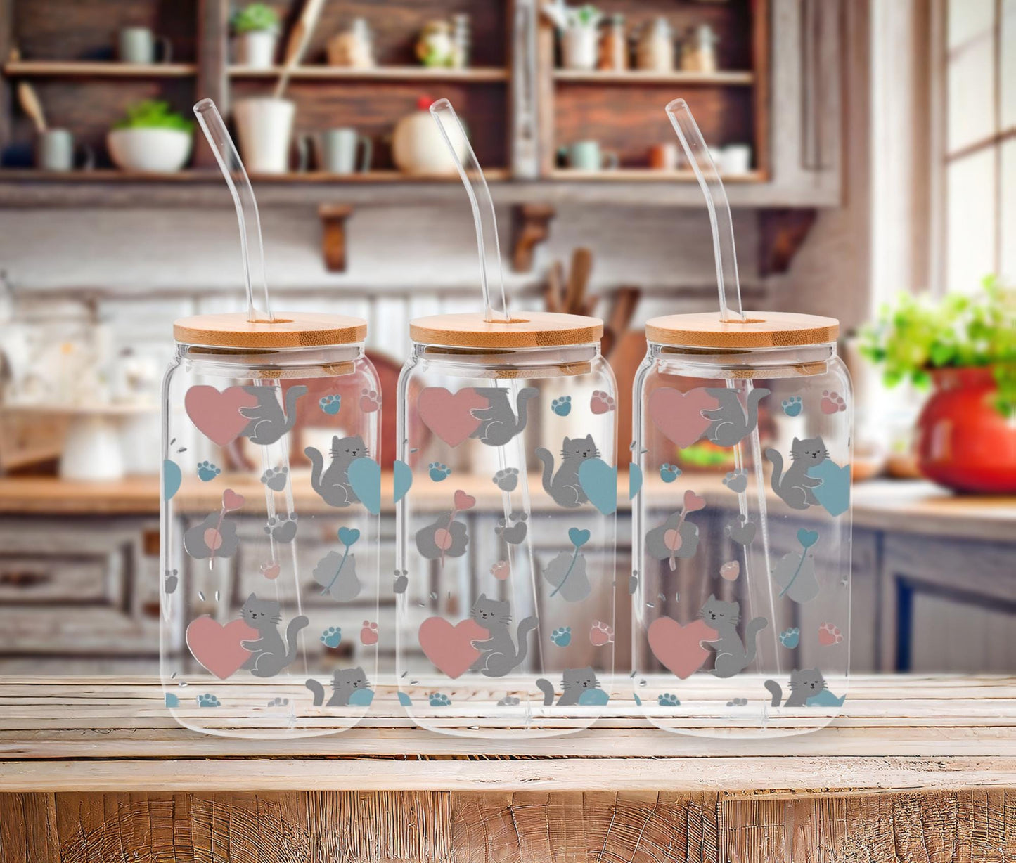 16oz Pet Lover Glass Cup with Bamboo Lid and Straw, UV DTF Dog and Cat Designs, Cute Iced Coffee Glass Tumbler Gift