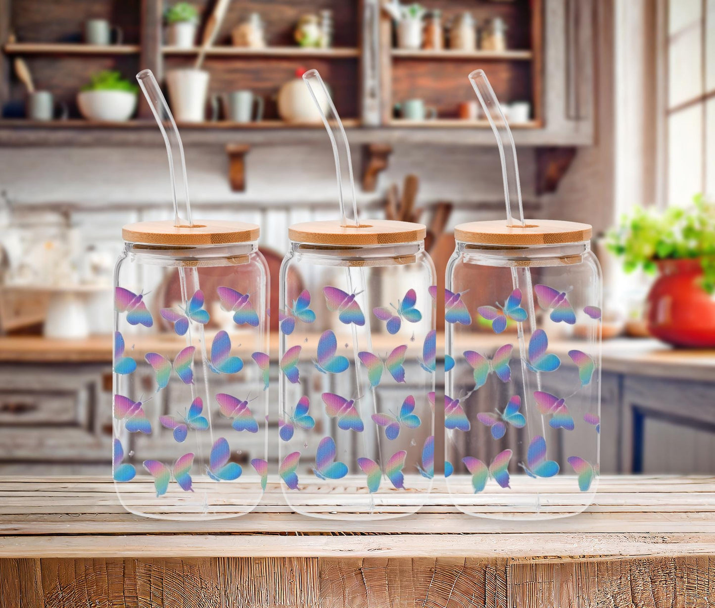 Floral Butterfly Glass Can Cup: 16 oz Iced Coffee Tumbler with Bamboo Lid