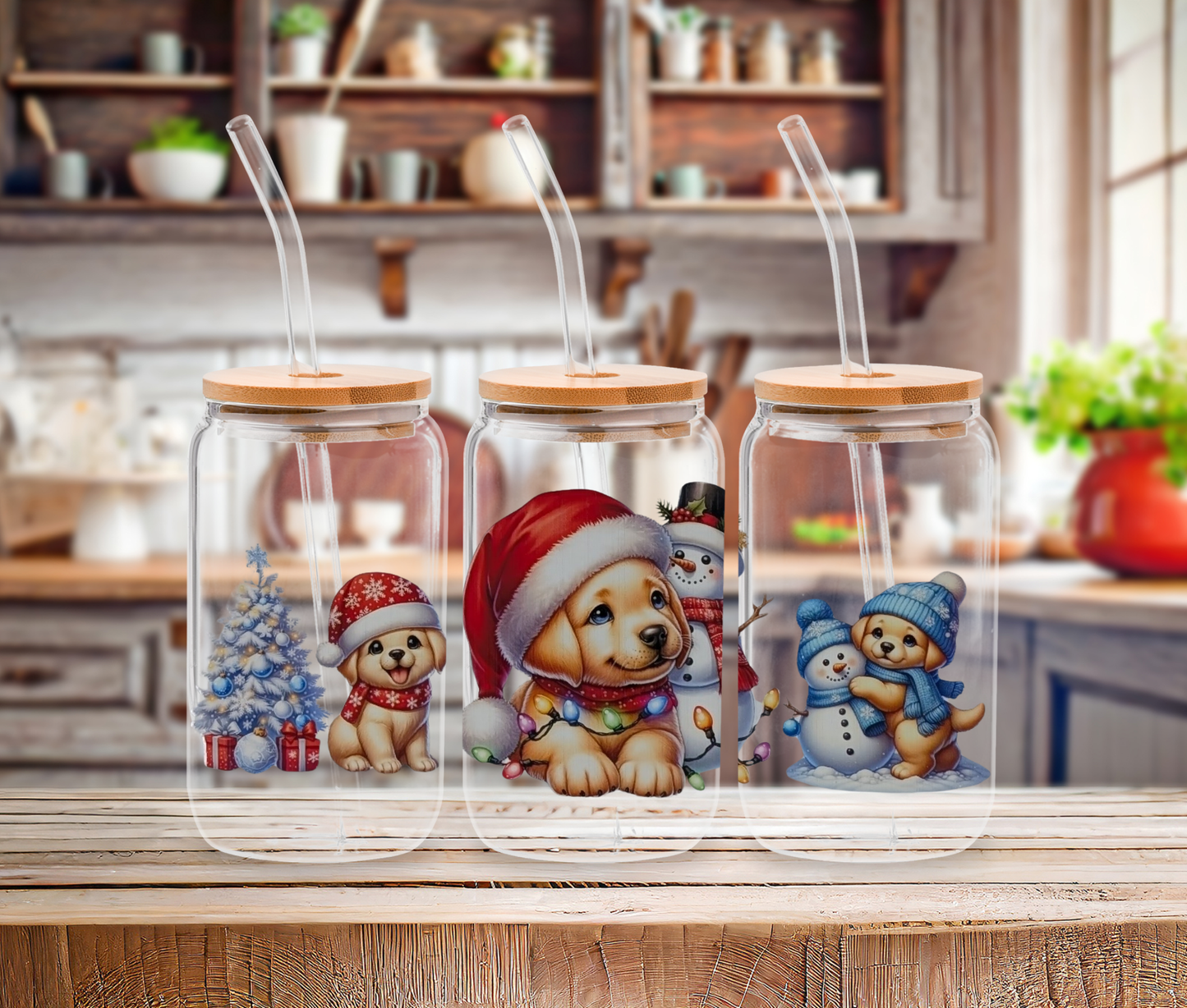 Holiday Puppies Glass Drinkware - Festive and Adorable Design