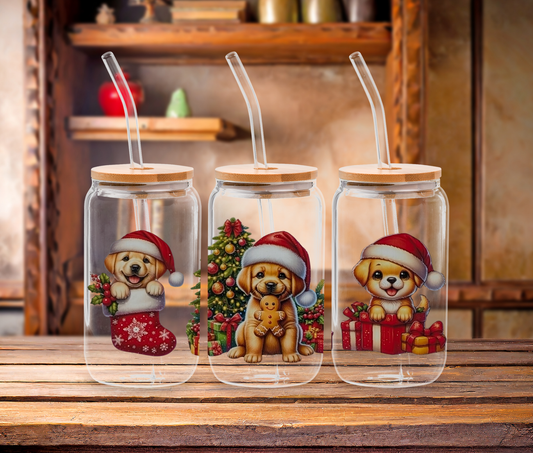 Holiday Glass Jar Tumblers with Santa Puppy Designs