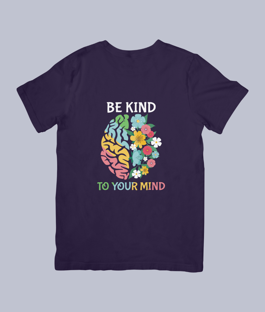 Mental Health Awareness Blackberry Shirt that has the words Be Kind To Your Mind surrounding a full brain with hair brain and half flowers. 