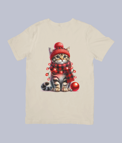 Cute Winter Cat with Christmas Lights - Unisex T-Shirt