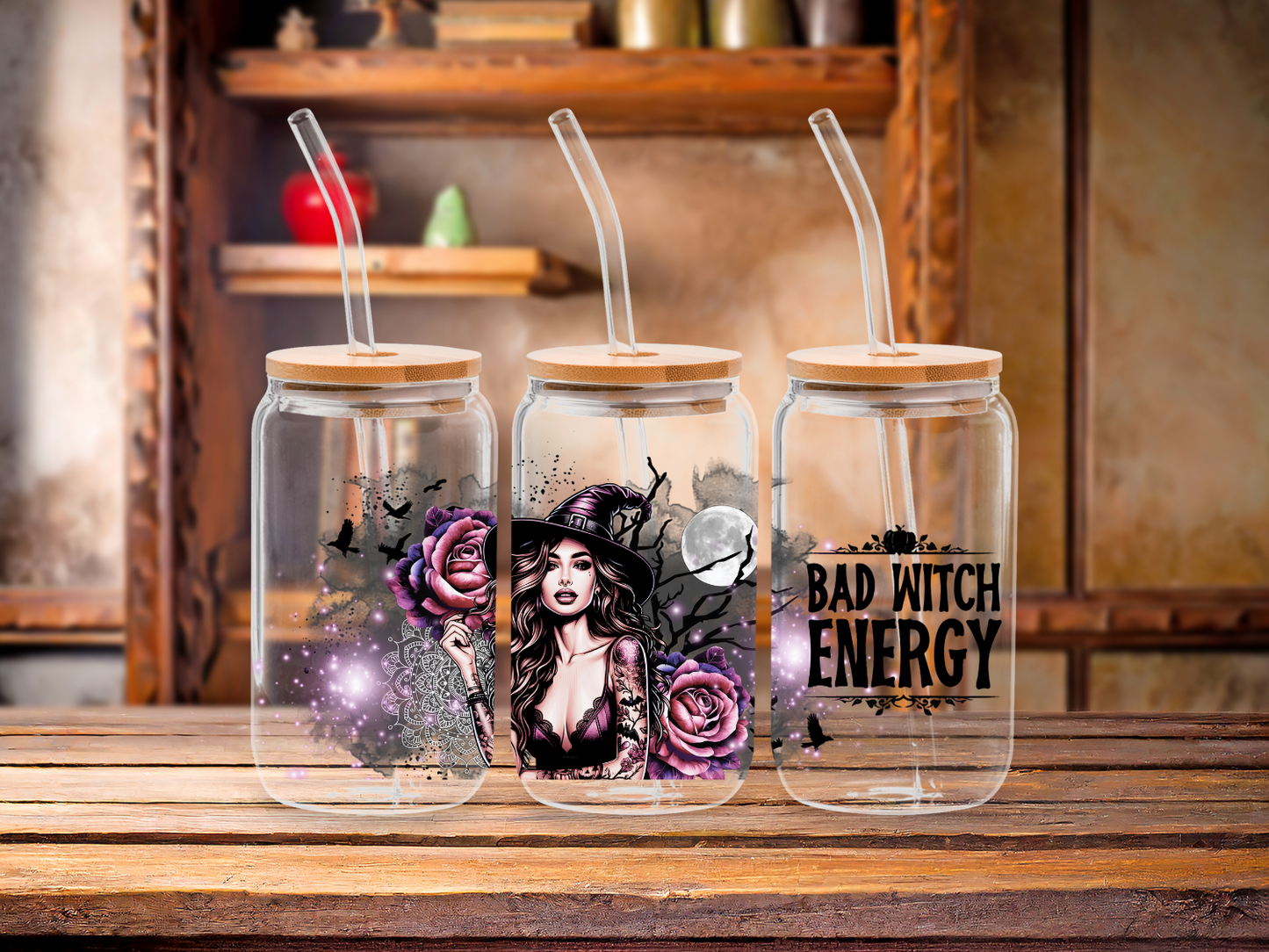 Bad Witch Energy Glass Cups with Bamboo Lids – Made-to-Order