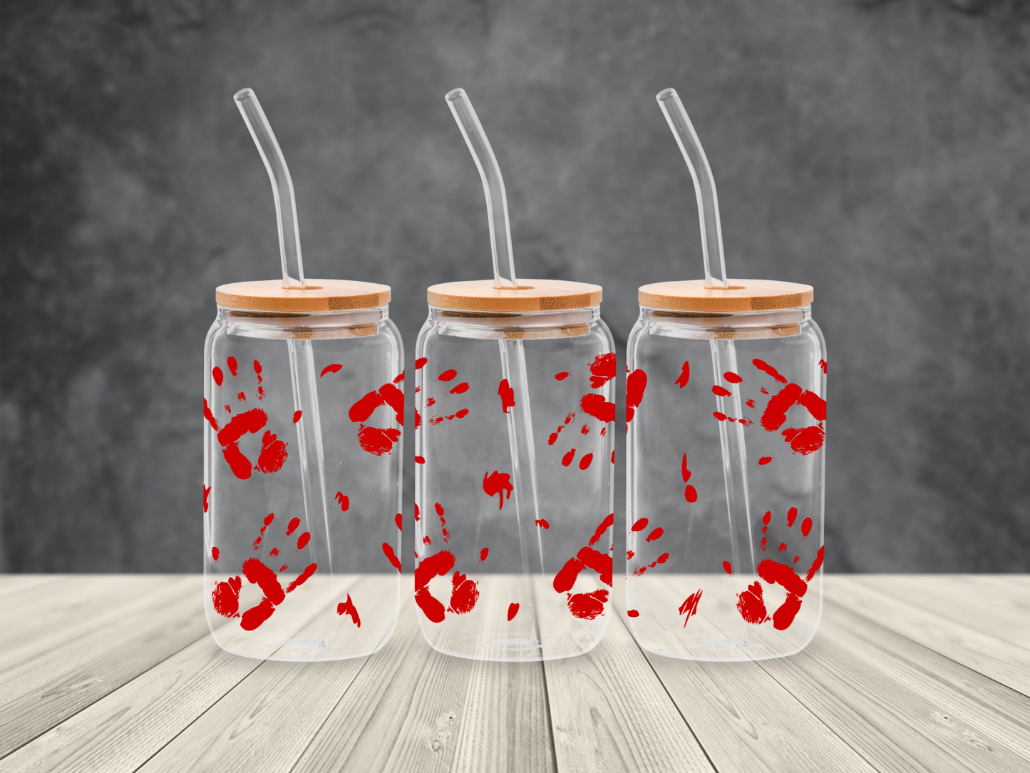 Bloody Handprints Halloween Glass Cups with Bamboo Lids – Made-to-Order