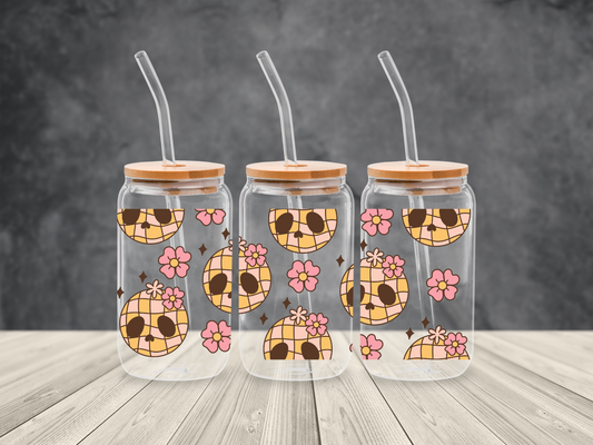 Disco Skull Vibes Glass Cups with Bamboo Lids – Made-to-Order