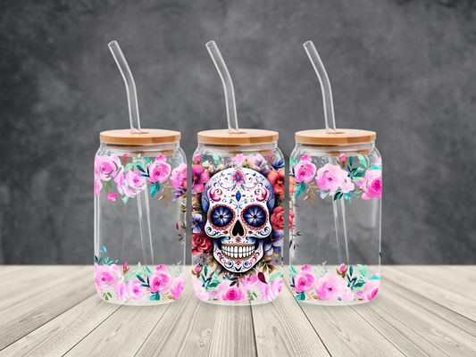 Sugar Skull & Floral Elegance" Glass Cups with Bamboo Lids – Made-to-Order