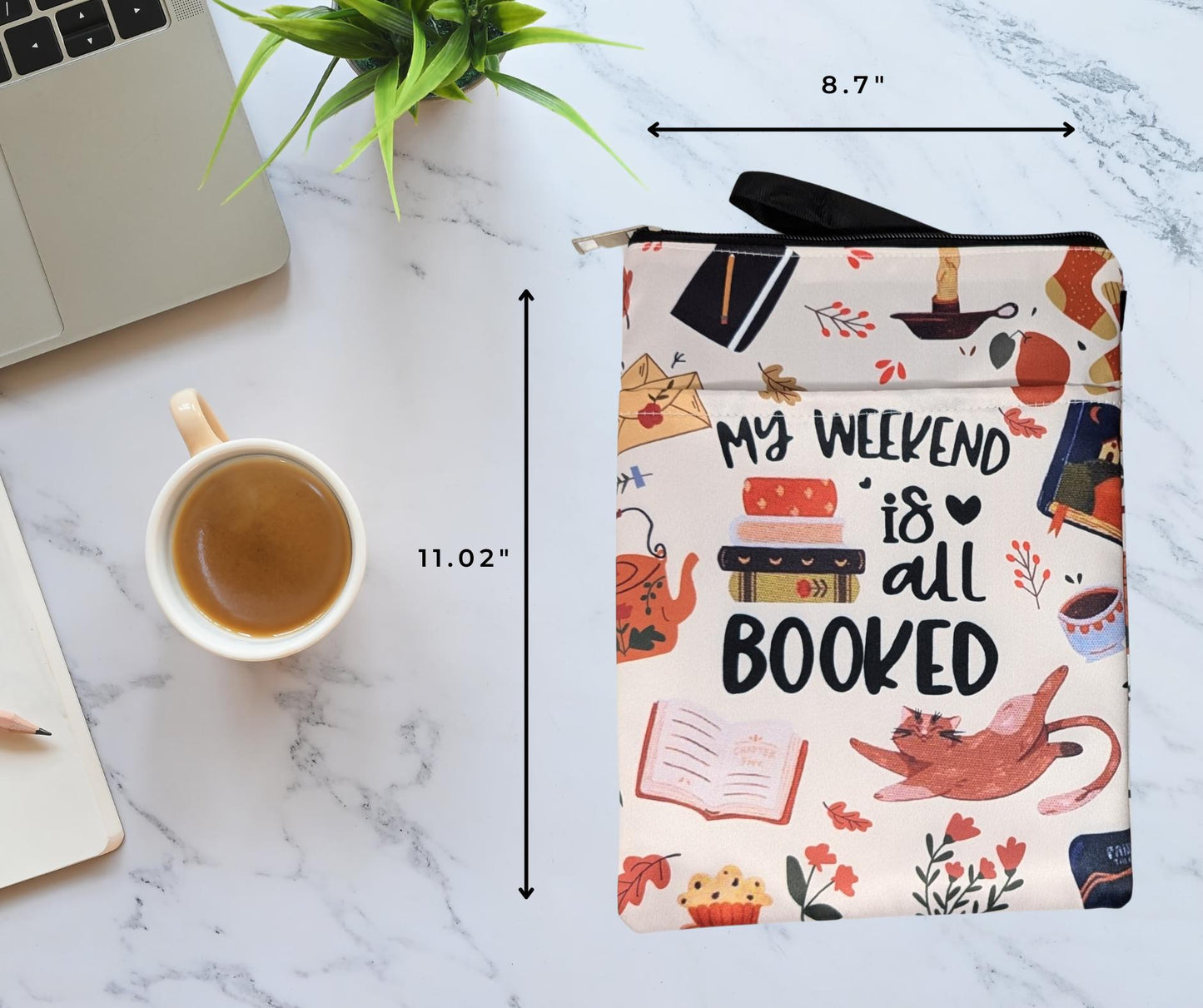 Book Sleeve with Zipper Pocket: Cat Reading Design - Cozy Book Lover Gift