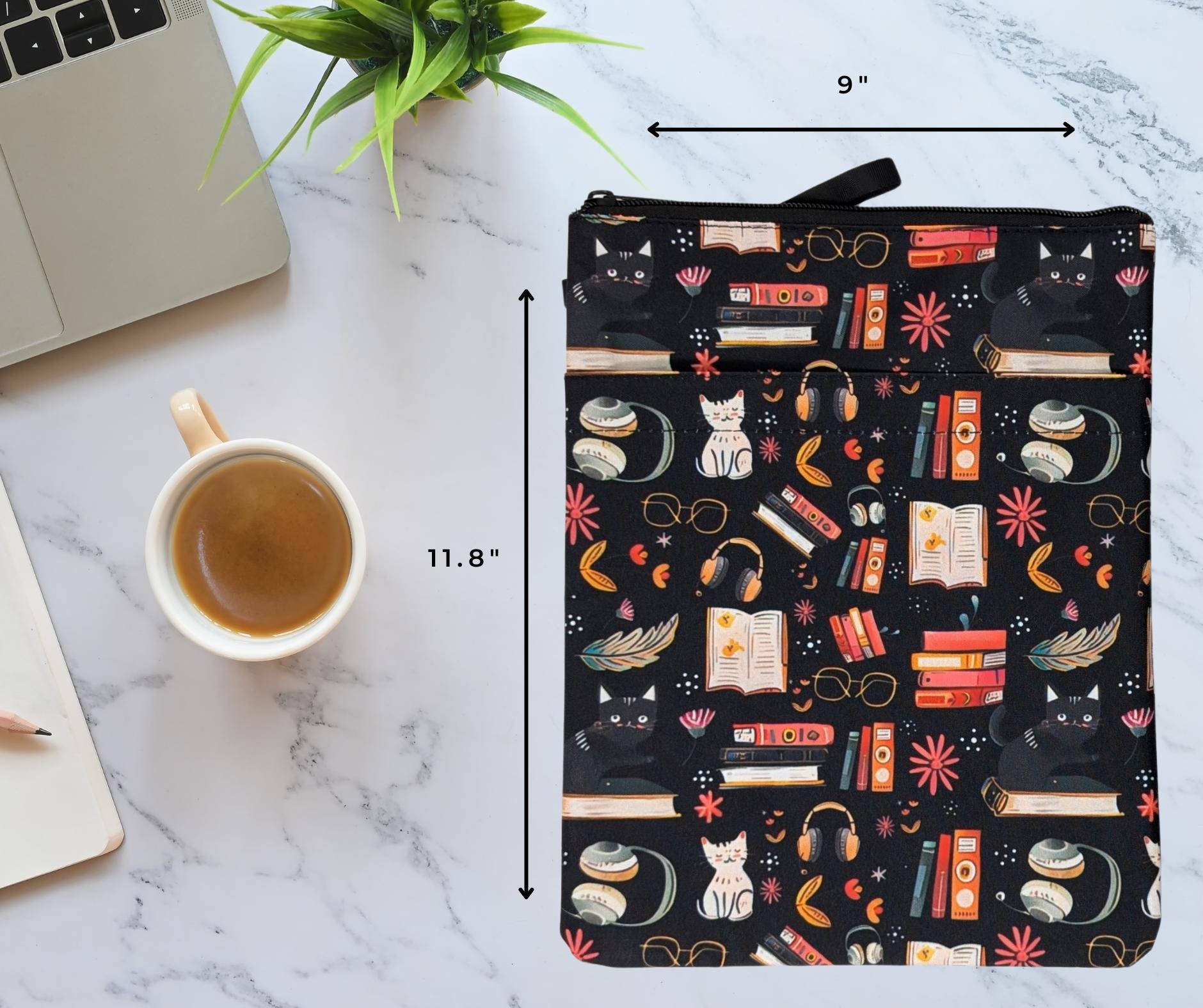 Cat & Book Print Book Sleeve: Padded Zippered Tablet Case