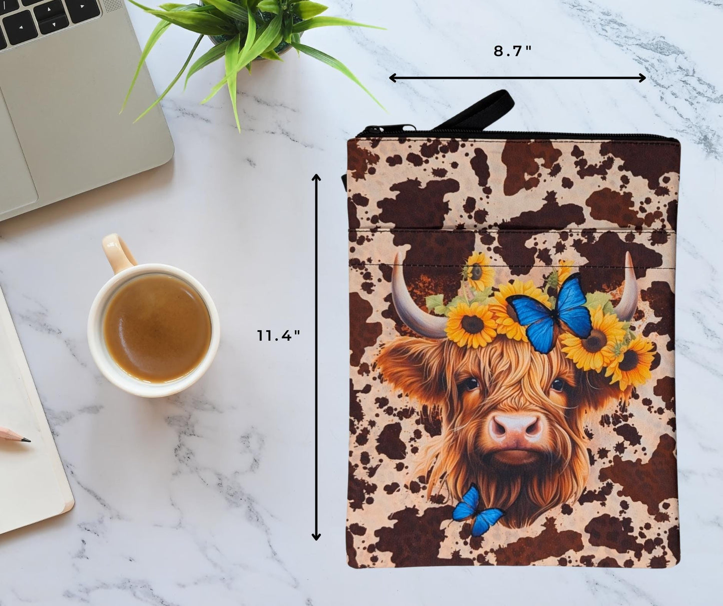 Highland Cow Book Sleeve: Sunflower & Butterfly Design, Zipper Closure