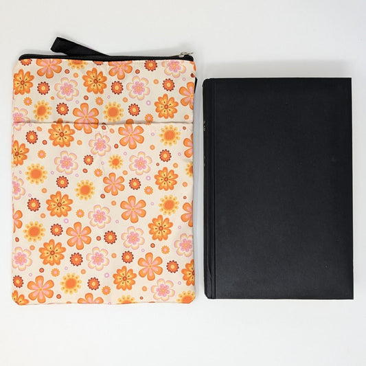 Retro Floral Book Sleeve: 70s Style Padded Book Pouch with Zipper