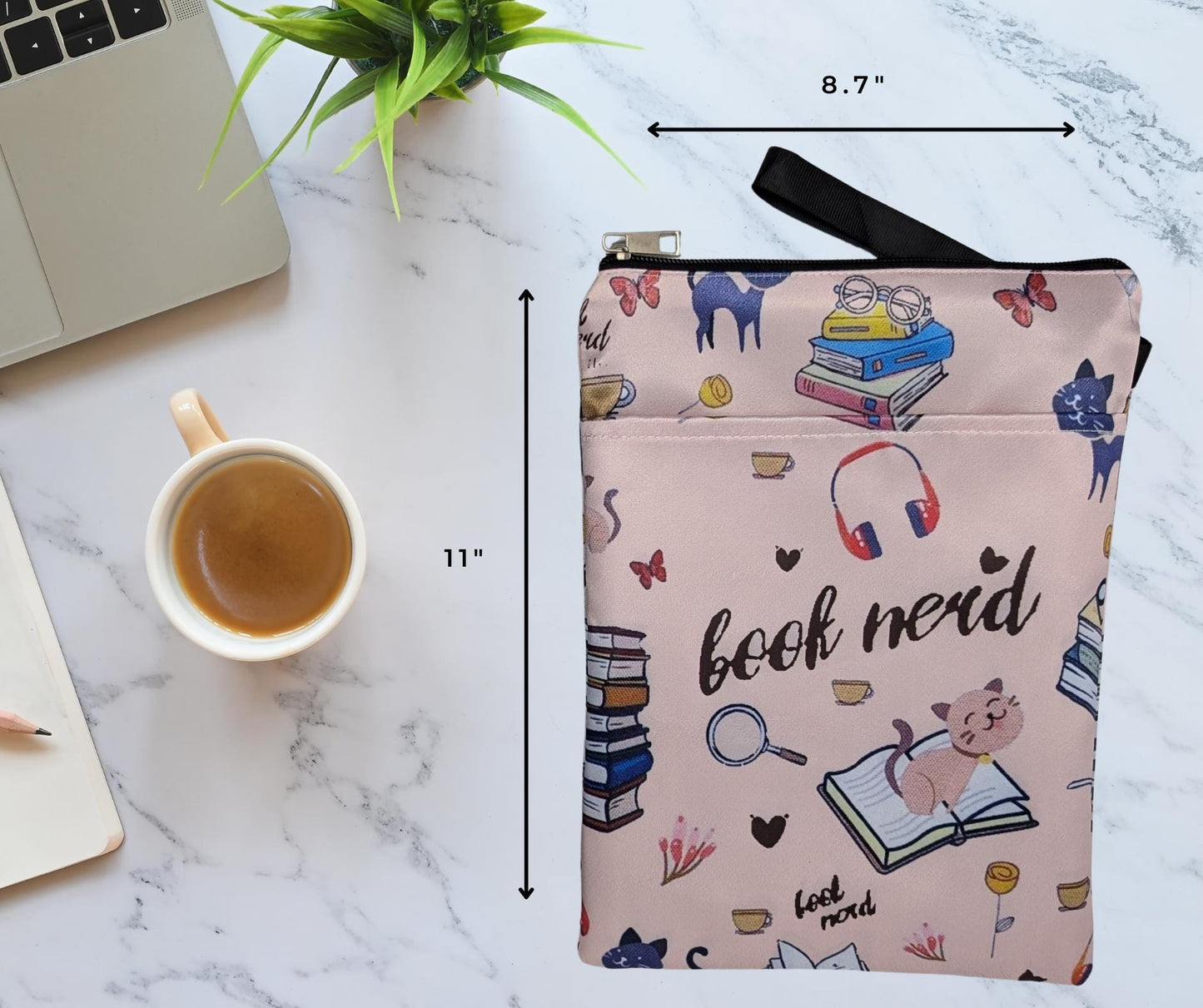 Pink Cat Book Sleeve: Padded Book Pouch with Zipper