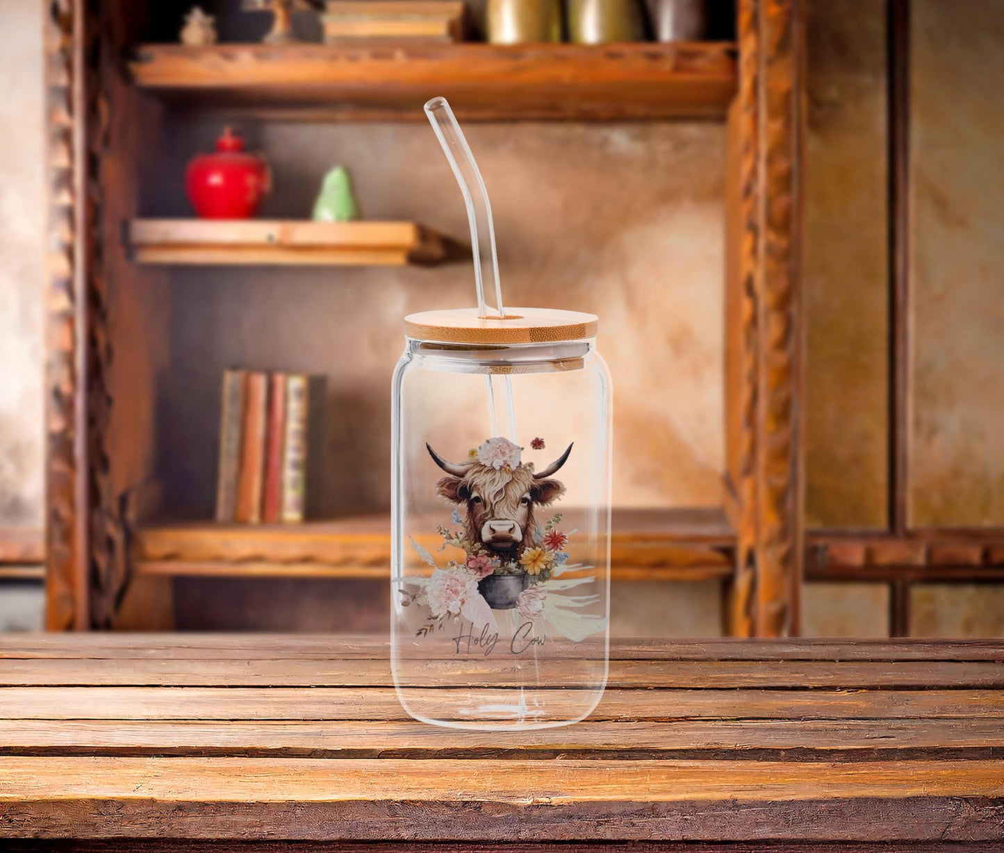 Highland Cow Glass Can: Funny Farmhouse Iced Coffee Tumbler with Bamboo Lid
