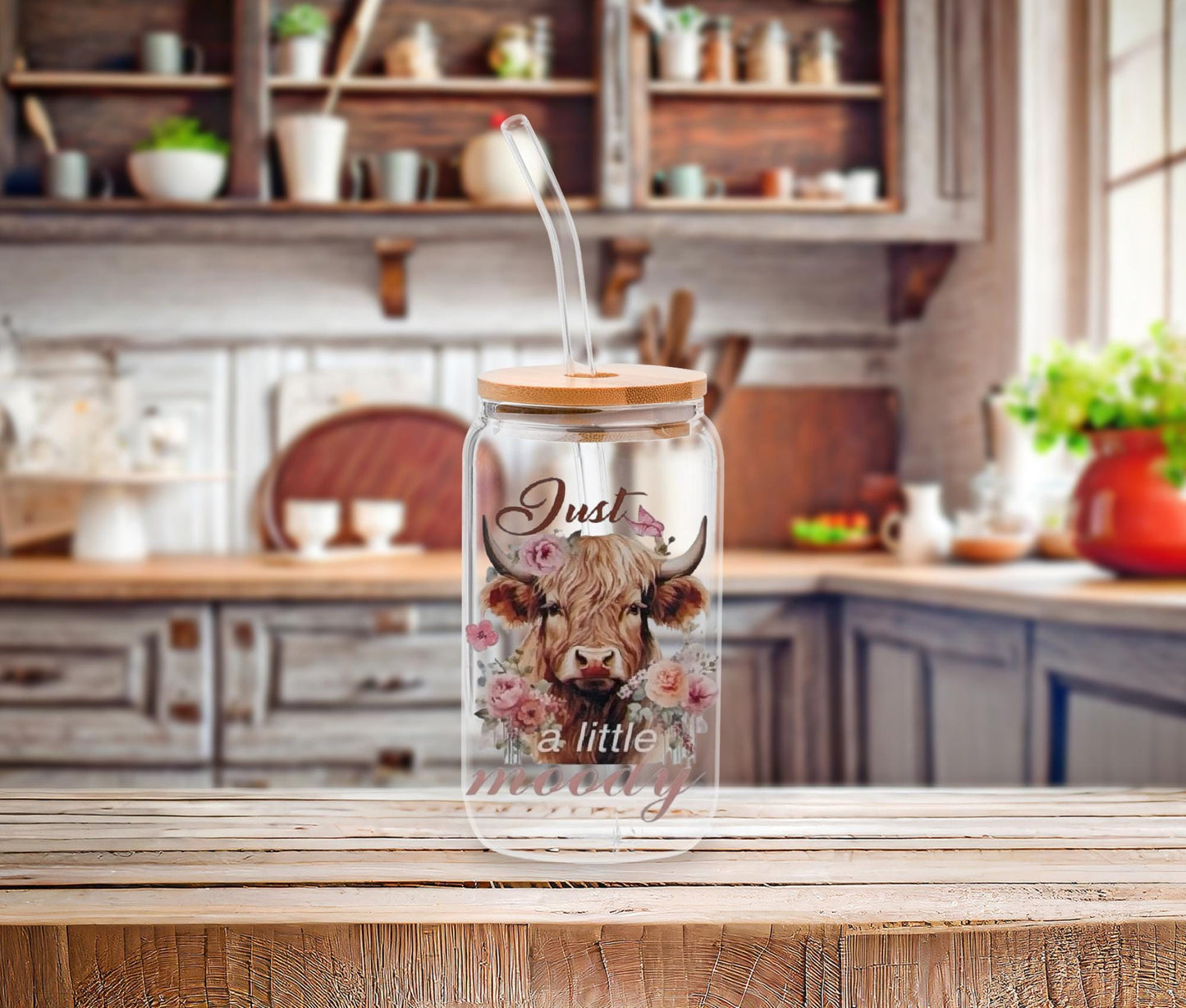 Highland Cow Glass Can: Funny Farmhouse Iced Coffee Tumbler with Bamboo Lid