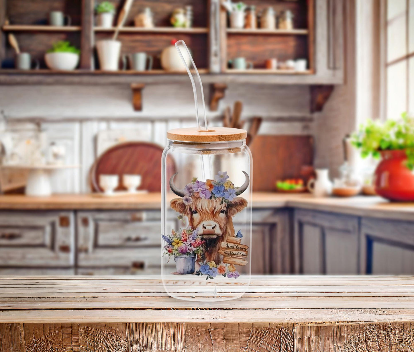 Highland Cow Glass Can: Funny Farmhouse Iced Coffee Tumbler with Bamboo Lid