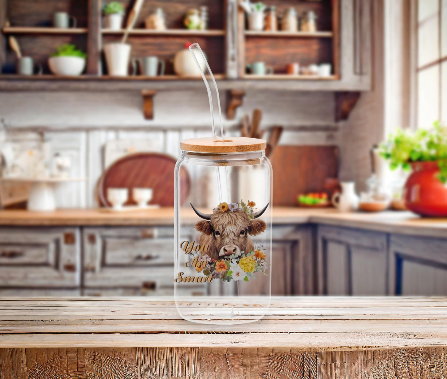 Highland Cow Glass Can: Funny Farmhouse Iced Coffee Tumbler with Bamboo Lid