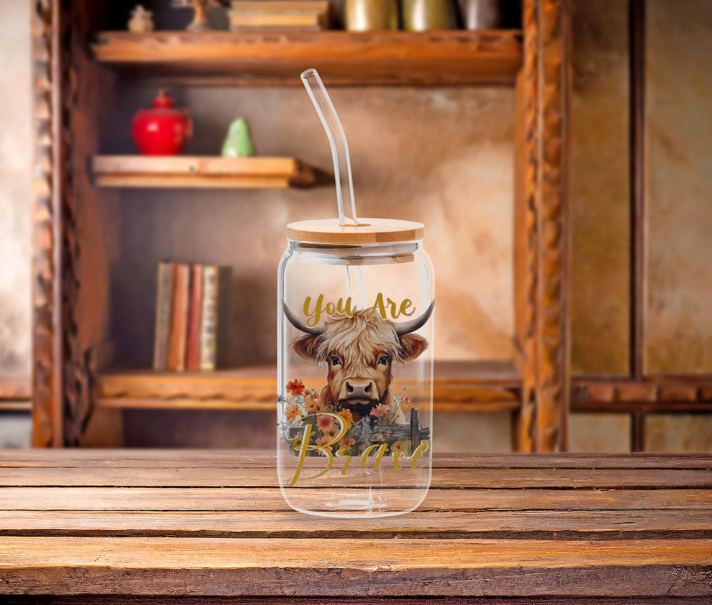 Highland Cow Glass Can: Funny Farmhouse Iced Coffee Tumbler with Bamboo Lid