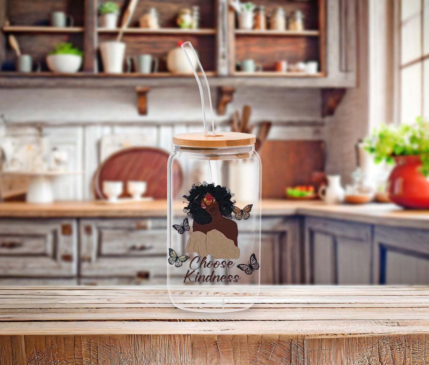 Black Girl Magic Affirmation Glass Cup: Iced Coffee Tumbler with Bamboo Lid