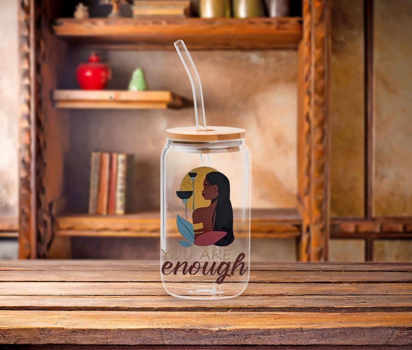 Black Girl Magic Affirmation Glass Cup: Iced Coffee Tumbler with Bamboo Lid