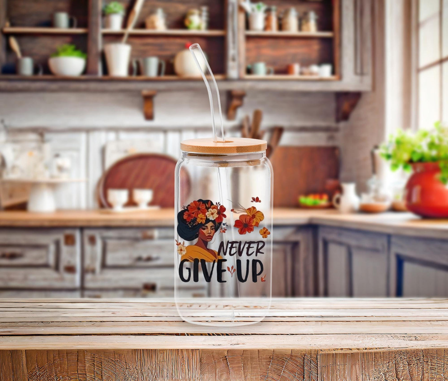 Black Girl Magic Affirmation Glass Cup: Iced Coffee Tumbler with Bamboo Lid