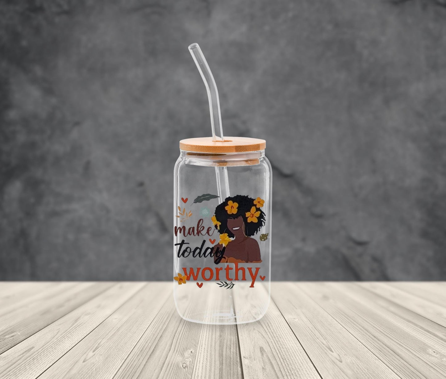 Black Girl Magic Affirmation Glass Cup: Iced Coffee Tumbler with Bamboo Lid
