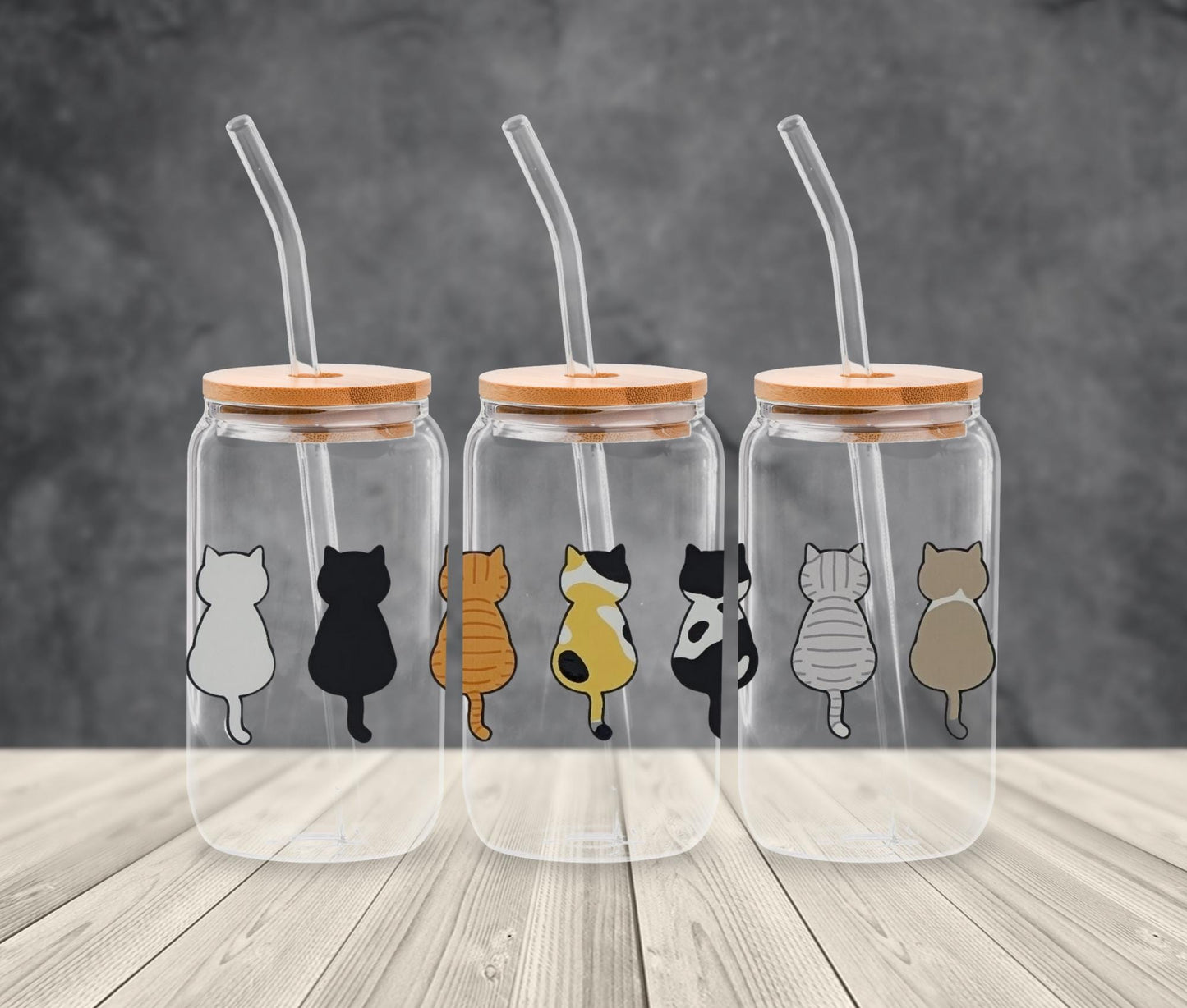 16oz Pet Lover Glass Cup with Bamboo Lid and Straw, UV DTF Dog and Cat Designs, Cute Iced Coffee Glass Tumbler Gift