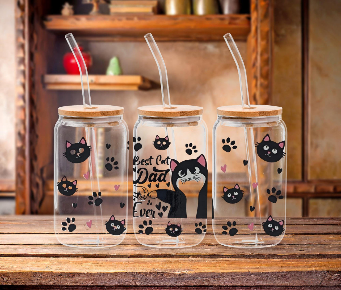 16oz Pet Lover Glass Cup with Bamboo Lid and Straw, UV DTF Dog and Cat Designs, Cute Iced Coffee Glass Tumbler Gift