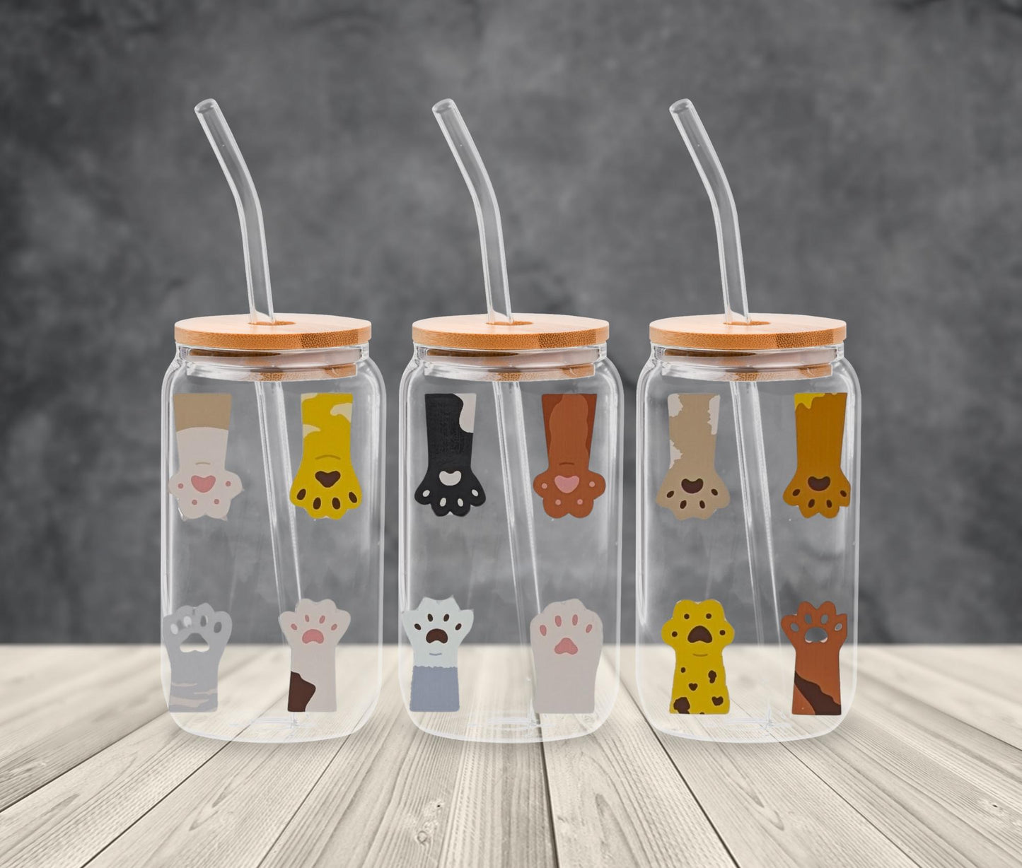 16oz Pet Lover Glass Cup with Bamboo Lid and Straw, UV DTF Dog and Cat Designs, Cute Iced Coffee Glass Tumbler Gift