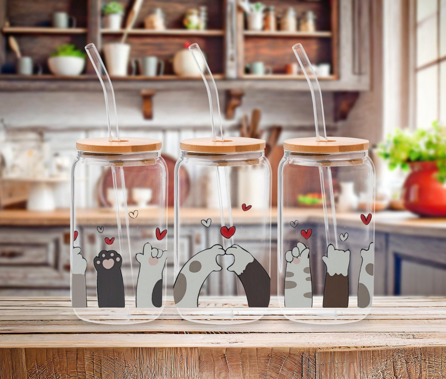 16oz Pet Lover Glass Cup with Bamboo Lid and Straw, UV DTF Dog and Cat Designs, Cute Iced Coffee Glass Tumbler Gift