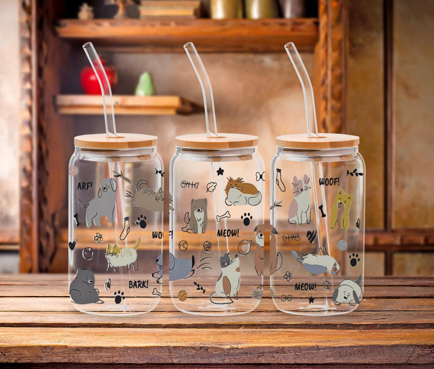 16oz Pet Lover Glass Cup with Bamboo Lid and Straw, UV DTF Dog and Cat Designs, Cute Iced Coffee Glass Tumbler Gift