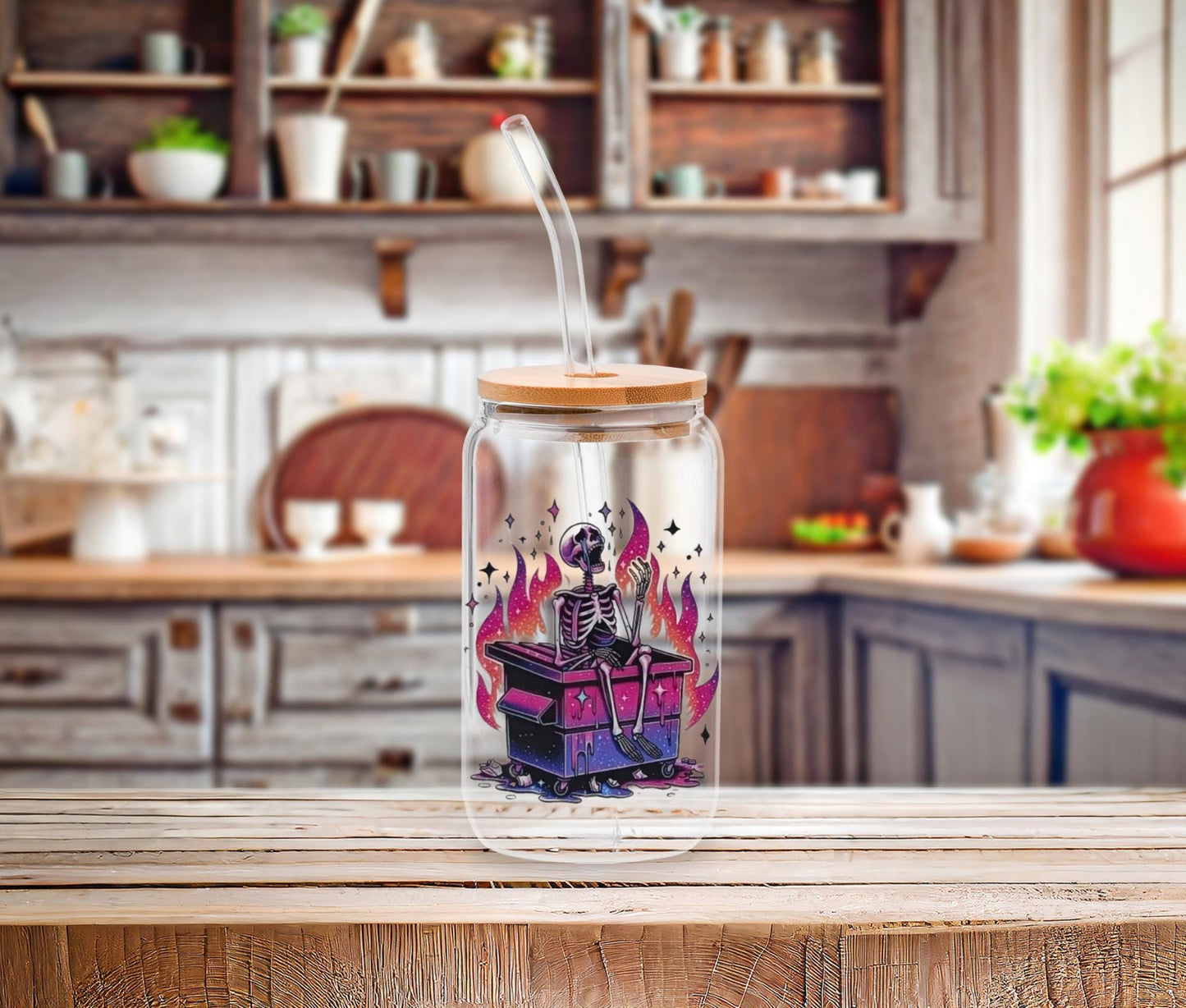 Skeleton Glass Iced Coffee Cup: Dark Humor Goth Tumbler with Bamboo Lid