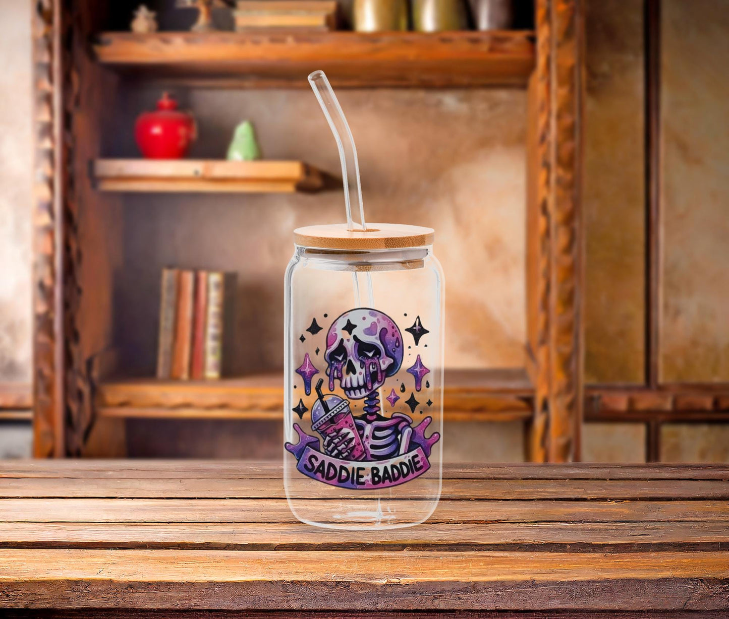 Skeleton Glass Iced Coffee Cup: Dark Humor Goth Tumbler with Bamboo Lid