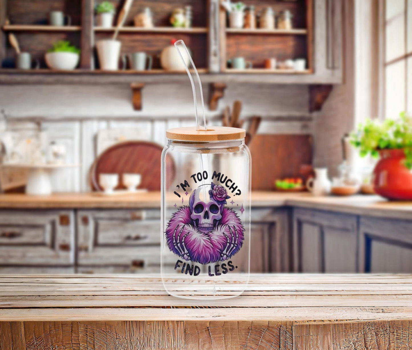 Skeleton Glass Iced Coffee Cup: Dark Humor Goth Tumbler with Bamboo Lid