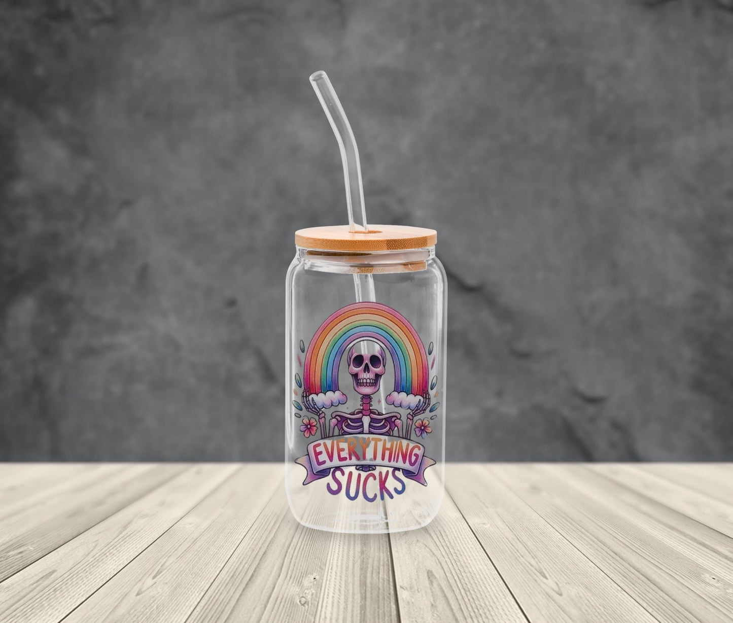 Skeleton Glass Iced Coffee Cup: Dark Humor Goth Tumbler with Bamboo Lid
