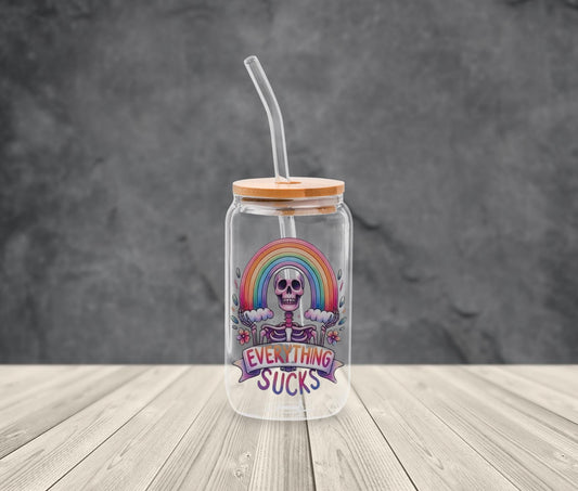 Skeleton Glass Iced Coffee Cup: Dark Humor Goth Tumbler with Bamboo Lid