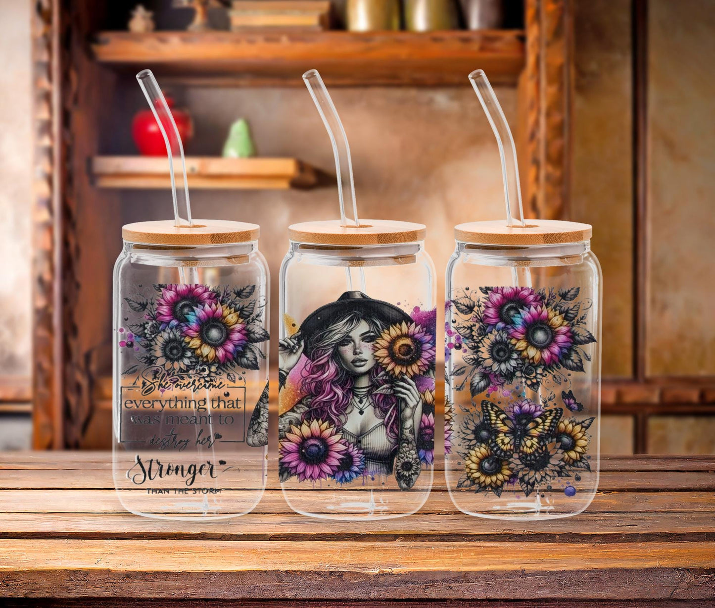 Tattoo Floral Glass Tumbler: Boho Butterfly, Strong Woman Quotes