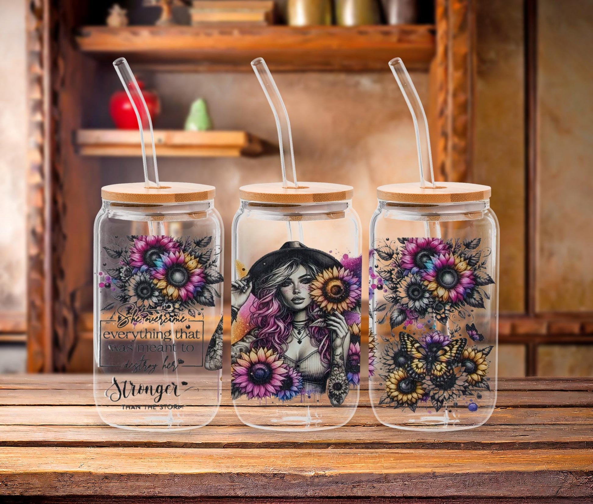 Tattoo Floral Glass Tumbler: Boho Butterfly, Strong Woman Quotes