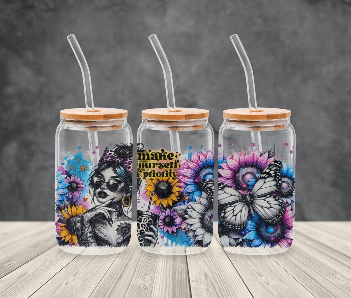 Tattoo Floral Glass Tumbler: Boho Butterfly, Strong Woman Quotes