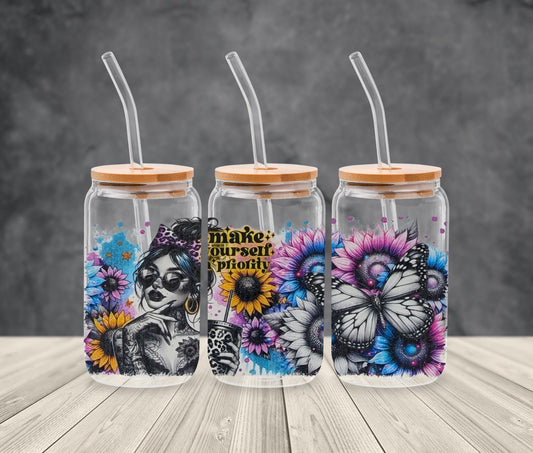 Tattoo Floral Glass Tumbler: Boho Butterfly, Strong Woman Quotes