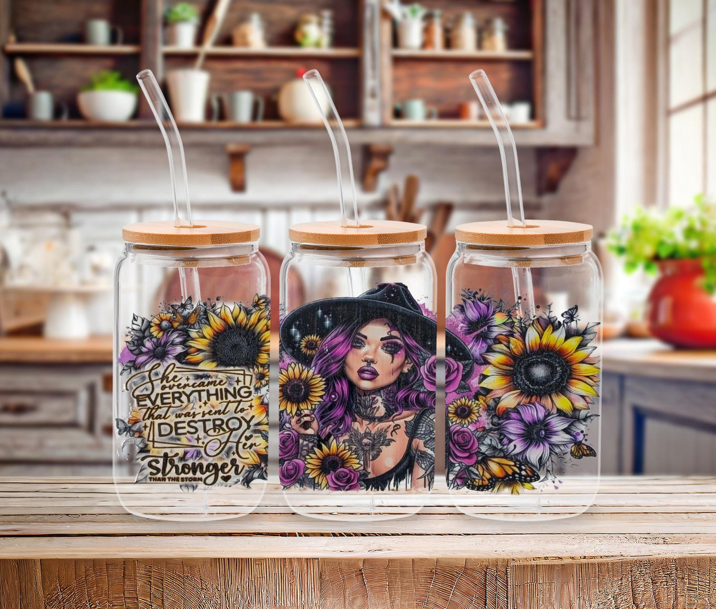 Tattoo Floral Glass Tumbler: Boho Butterfly, Strong Woman Quotes