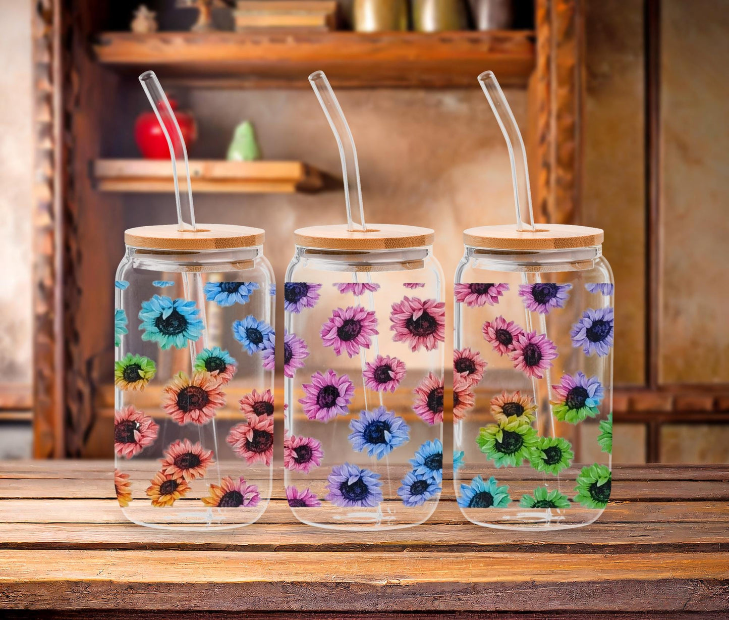 Floral Butterfly Glass Can Cup: 16 oz Iced Coffee Tumbler with Bamboo Lid