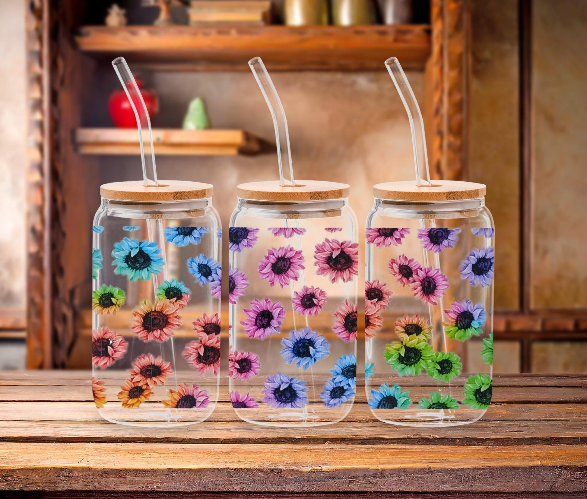 Floral Butterfly Glass Can Cup: 16 oz Iced Coffee Tumbler with Bamboo Lid