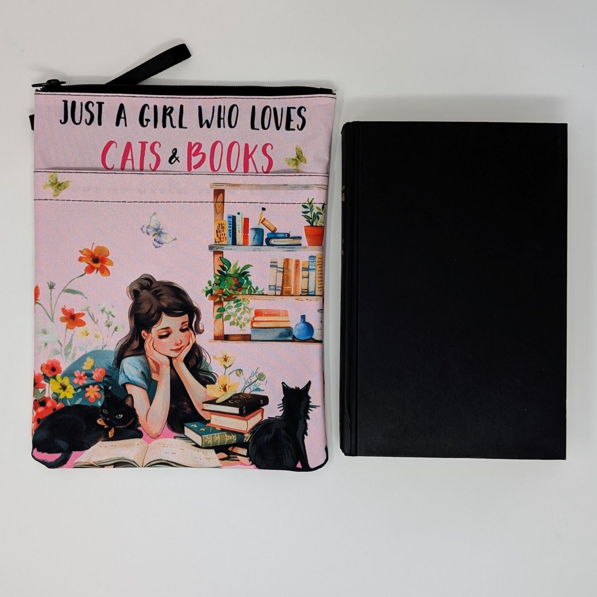 Just a Girl Who Loves Cats and Books Book Sleeve with Zipper Closure | Cute Reading Pouch for Book Lovers and Cat Moms Gift Idea