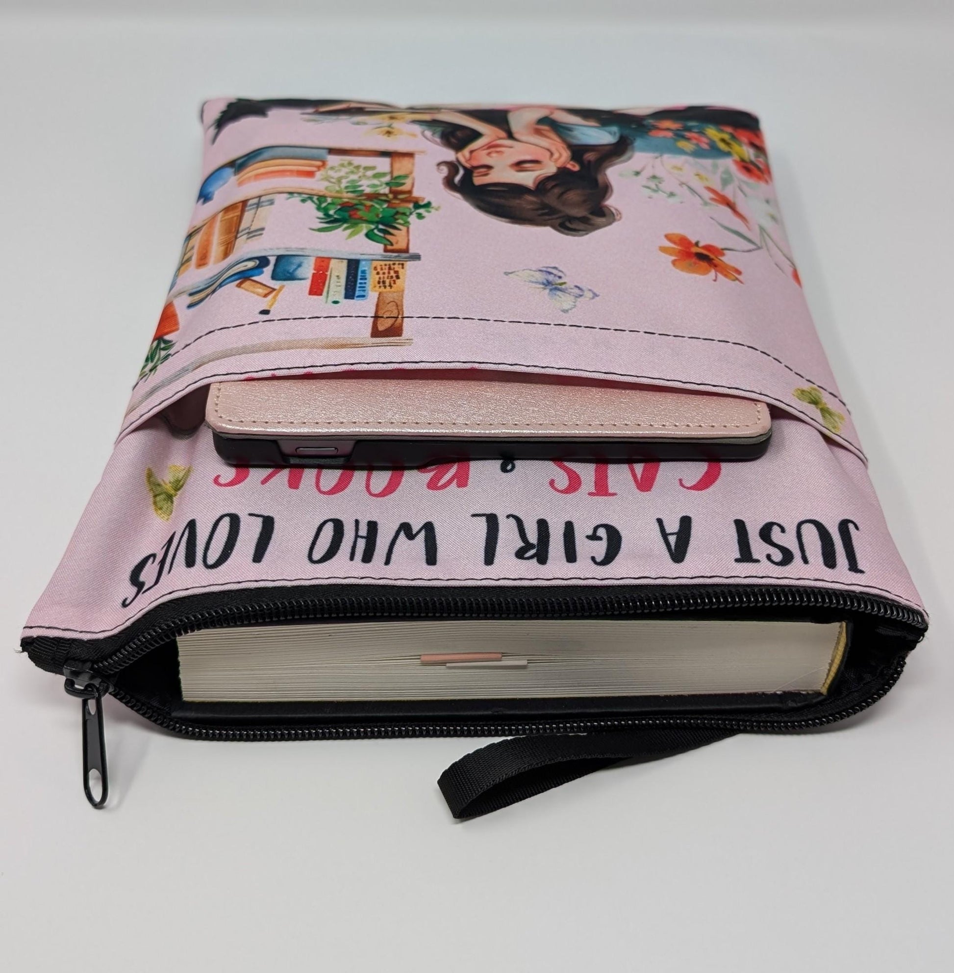 Just a Girl Who Loves Cats and Books Book Sleeve with Zipper Closure | Cute Reading Pouch for Book Lovers and Cat Moms Gift Idea