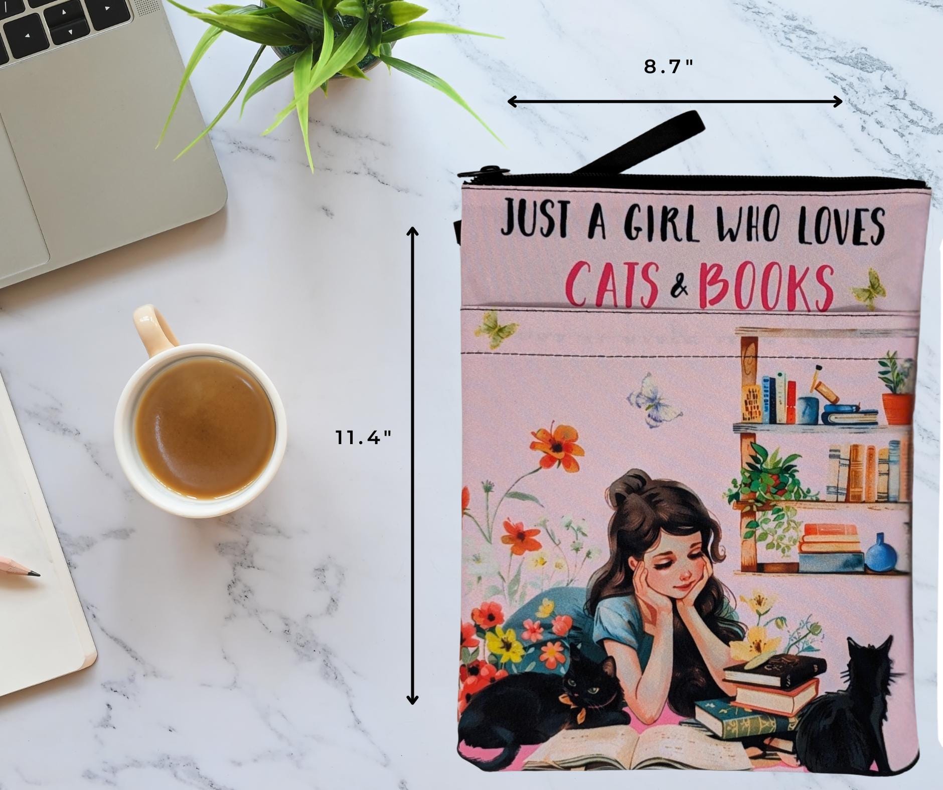 Just a Girl Who Loves Cats and Books Book Sleeve with Zipper Closure | Cute Reading Pouch for Book Lovers and Cat Moms Gift Idea