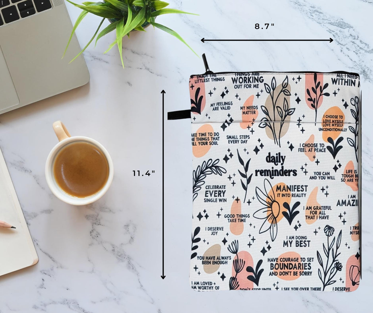 Affirmation Book Sleeve: Floral Padded Kindle Cover with Zipper Pocket