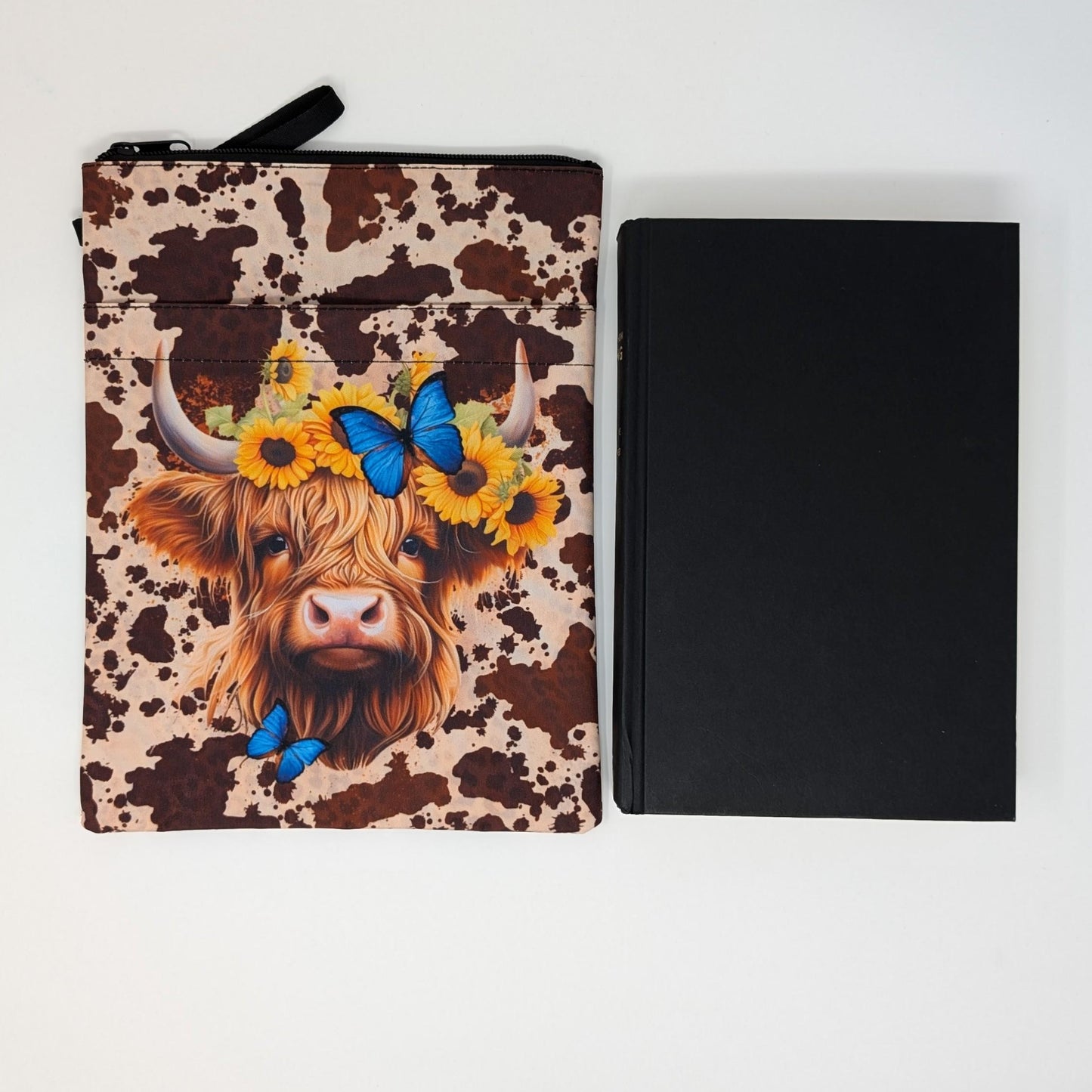Highland Cow Book Sleeve: Sunflower & Butterfly Design, Zipper Closure