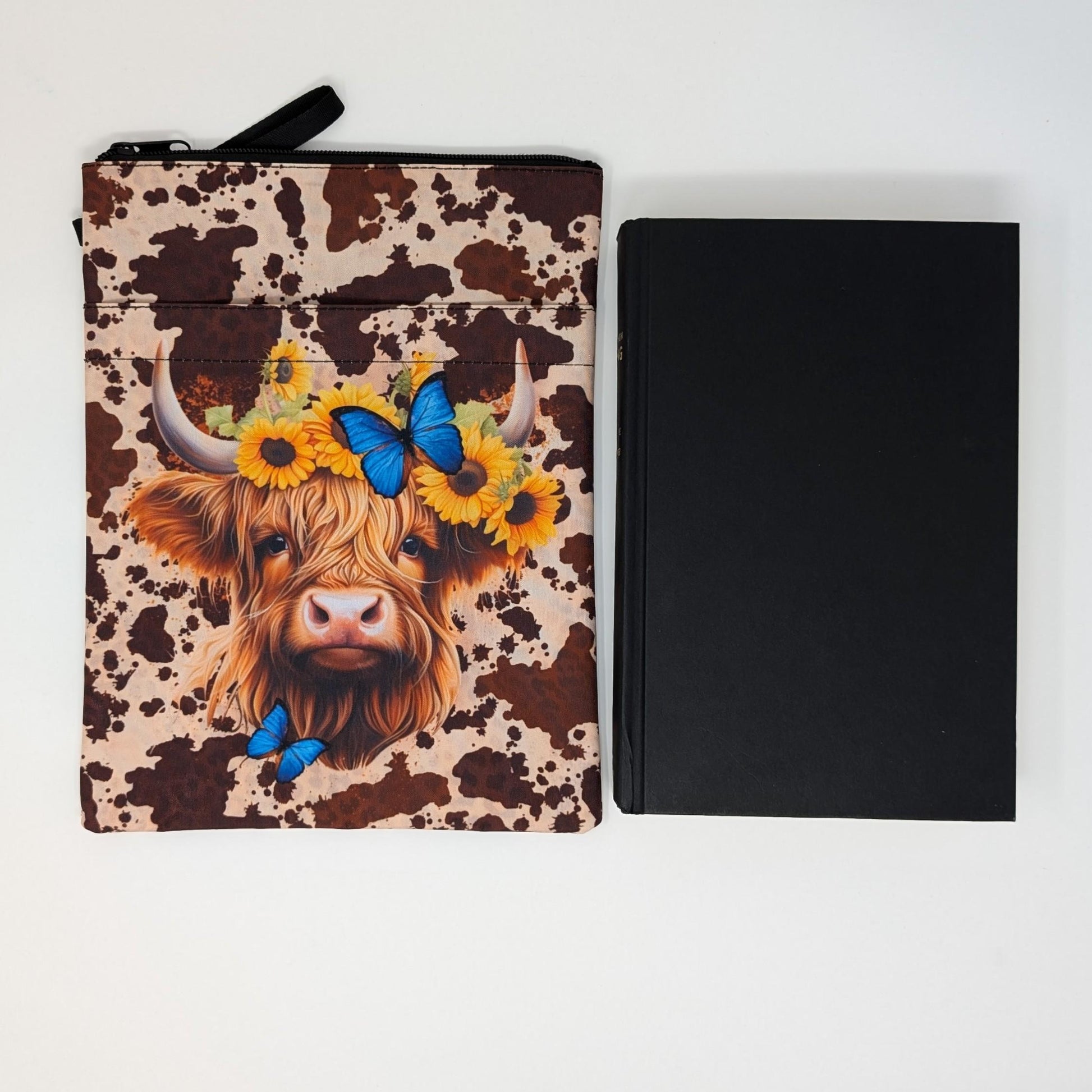 Highland Cow Book Sleeve: Sunflower & Butterfly Design, Zipper Closure