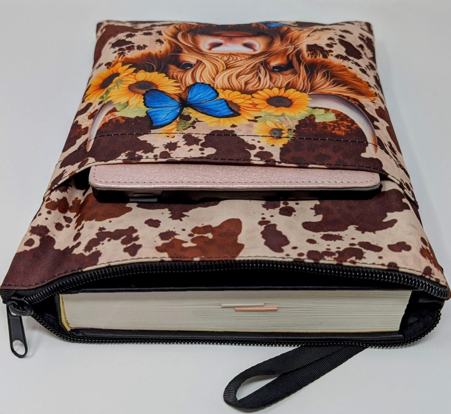 Highland Cow Book Sleeve: Sunflower & Butterfly Design, Zipper Closure