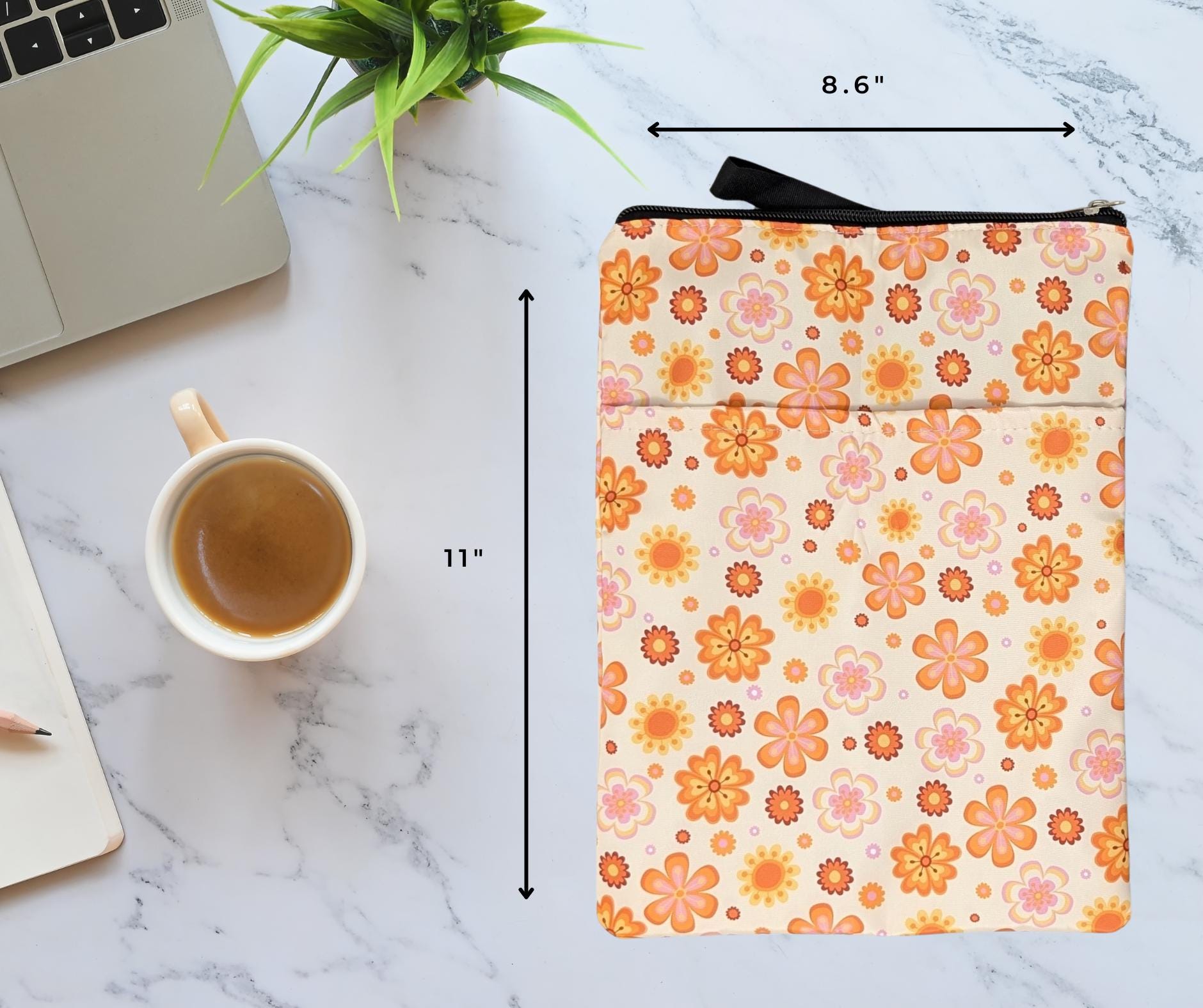 Retro Floral Book Sleeve: 70s Style Padded Book Pouch with Zipper